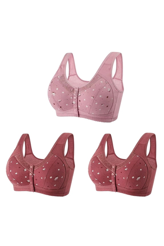Fashion 3 Pack Daisy Bras for Older Women,2025 Front Close Button Cotton Bras Breathable Full Support Wide Back No Underwire Bras Hot Pink 4