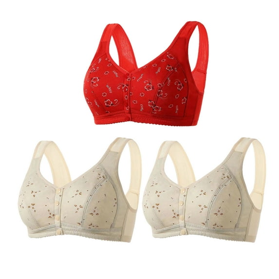 SMihono Fashion 3 Pack Daisy Lace Bra for Women Front Button Bras Front Closure Everyday Bra Cozy Wireless Full Coverage Bras Red 16