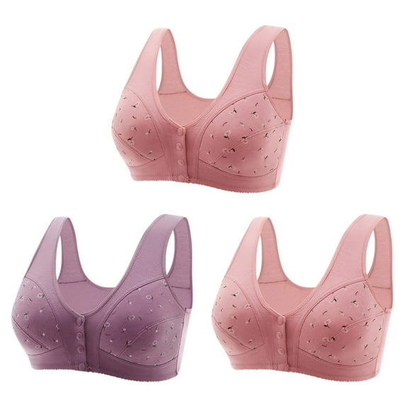 SMihono Fashion 3 Pack Front Closure Daisy Bras for Older Women Push Up Comfortable Bras No Underwire Seniors Full Support Padded Bras Purple XXXL