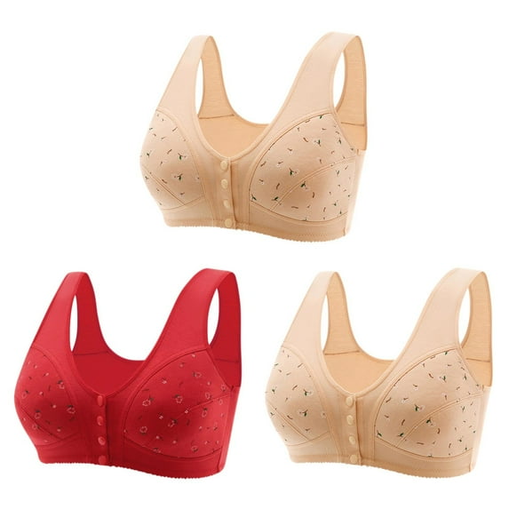 SMihono Fashion Daisy Bras for Older Women 3 Pack Bras No Wire Front Button Closure Bras Full Coverage Cotton Underwear Bras Red XXXXXXL