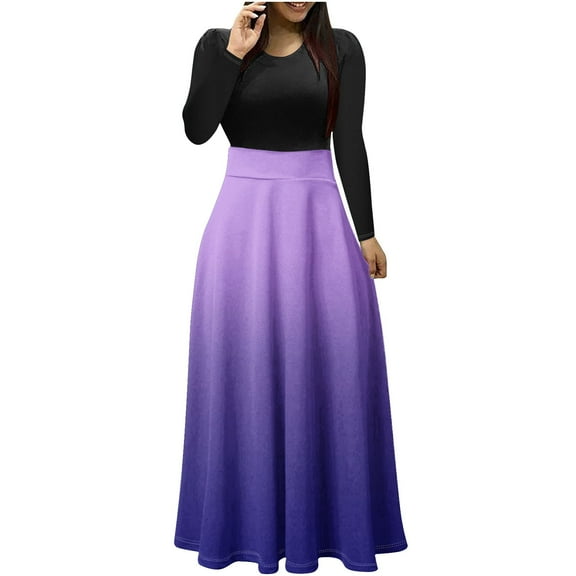 SMihono Fashion Dresses for Women Spring Fashion Casual Floral Printed Long Sleeve Crew-Neck Pullover Patchwork Waist Pleated Dress Purple 6