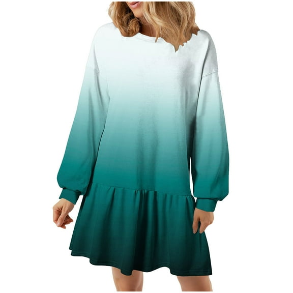 SMihono Fashion Fashion Gradient Dress for Women Preppy Loose Fit Patchwork Ruffle Dress Crew Neck Spring Long Sleeves Mini Dress Green 4