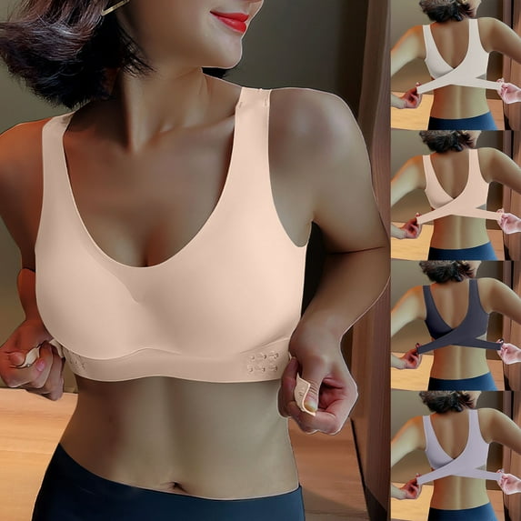 SMihono Fashion Full Coverage Bra for Women No Underwire Padded Cross Back Front Closure Bralette Comfort Smoothing Yoga Sports Bras Beige L