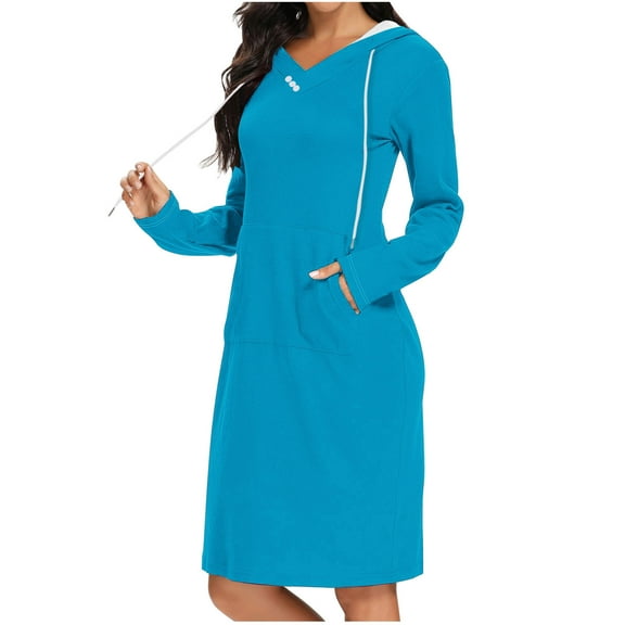 SMihono Fashion Hoodie Dress for Women with Pocket Spring Fall Long Sleeve Casual V Neck Drawstring Pullover Hooded Sweatshirt Dress Sky Blue 4