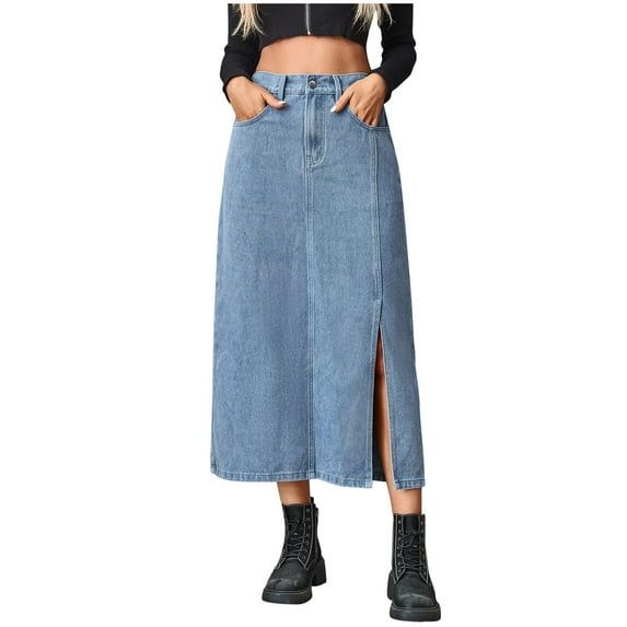SMihono Fashion Jean Skirt for Women Elastic Waist Side Slit Vintage High Waisted Denim Midi Skirt Classic Long Y2K Clean Fit Blue 12
