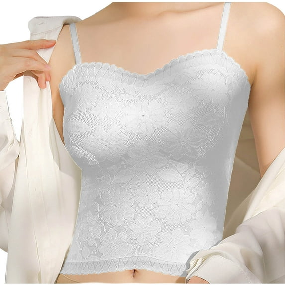 SMihono Fashion Lace Bralette for Women Adjustable Spaghetti Strap Tank Top Wavy Trim V Neck Wireless Push up Padded Bra White 6