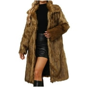 SMihono Deals Ladies Faux Fur Trench Coats Womens Ladies Warm Faux Furry Long Coat Jacket Winter Solid V-neck Outerwear Brown 6