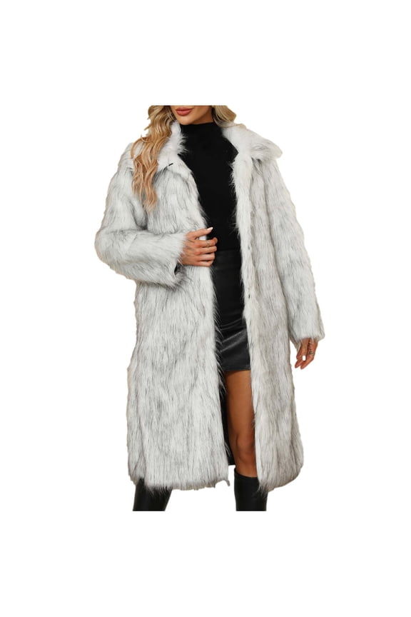 Fashion Ladies Faux Fur Trench Coats Womens Ladies Warm Faux Furry Long Coat Jacket Winter Solid V-neck Outerwear Gray 14