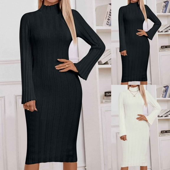 SMihono Fashion Ladies Solid Color Slim Fit Dresses Long Sleeve Mock Neck Dress Fall Winter Casual Dress Elegant Comfy Work Dress Black 4