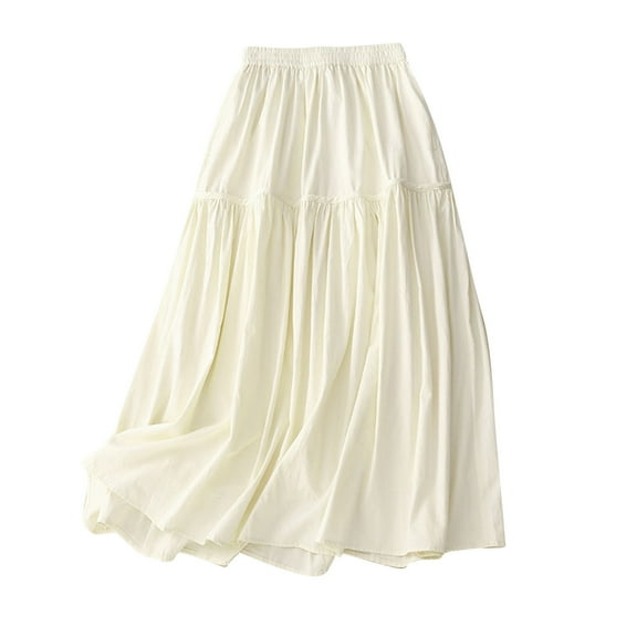 SMihono Fashion Linen Skirts for Women Elastic High Waisted Vintage 2025 Summer Flowy Ruffle A Line Midi Skirts with Pockets Beige 8