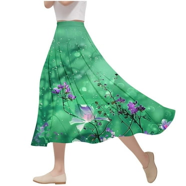 SMihono Deals Long Skirts for Women Fashion Floral Print Boho Maxi Skirt Elastic High Wasit Pleated A-Line Flowy Beach Skirts Army Green 14