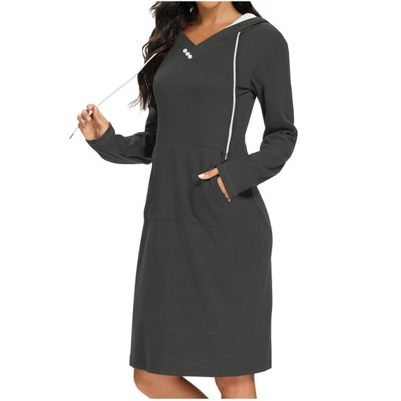 SMihono Fashion Long Sleeve Dress for Women Lightweight V Neck Kangaroo Pocket Hoodie Dress Spring Sweatshirts for Women Gray 4