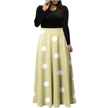 SMihono Deals Maxi Dresses for Women Vintage Long Dress Party Dress Crewneck Polka Dot Print Patchwork Spring Dress Beige 8