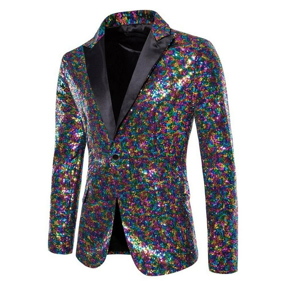 SMihono Deals Men's Color Matching Sequin Suit, One Button Dress, Performance Suit, Long Sleeved Lapel Collar Suit Jacket Coat Blazer Purple 8