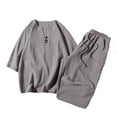 thumbnail image 1 of SMihono Deals Men's Seven-Minute Sleeve Cotton Linen Suit Plate Buckle Seven Pants Casual Solid Color Suit Gray 8, 1 of 5