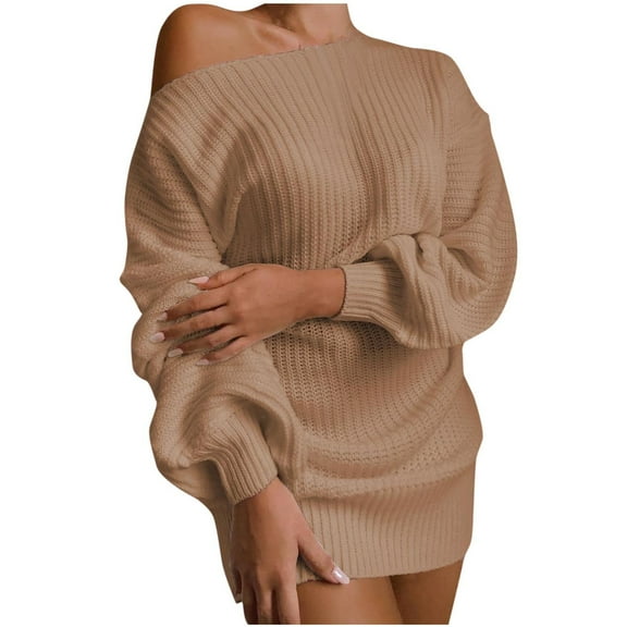 SMihono Fashion Off The Shoulder Sweater Dress Spring Dress Winter Dress for Women Cable Crochet Knitted Jumper Sweater Khaki 4