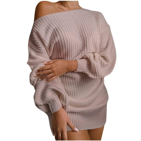 SMihono Fashion Off The Shoulder Sweater Dress Spring Dress Winter Dress for Women Cable Crochet Knitted Jumper Sweater Pink 6