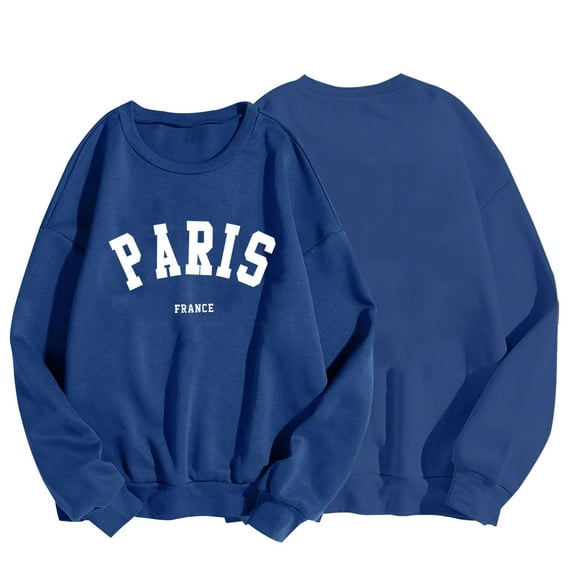 SMihono Fashion Paris Letter Print Sweatshirt for Women Oversized Trendy Comfy Crewneck Sweatshirts Casual Graphic Pullover Tops Unisex Blue 8
