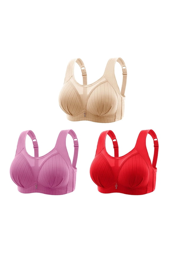 Fashion Plus Size Bras for Women Everyday Comfort Wirefree Lift & Support Bra Summer Thin Full Coverage Daily Bra 3-Pack Khaki L