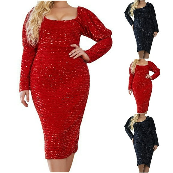 SMihono Fashion Plus Size Glitter Dress for Women Square Neck Long Sleeve Party Cocktail Dresses Elegant Sequin Slim Fit Midi Dress Black XXL