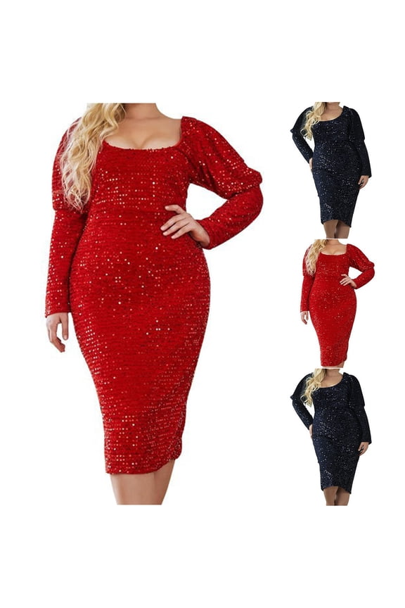 Fashion Plus Size Glitter Dress for Women Square Neck Long Sleeve Party Cocktail Dresses Elegant Sequin Slim Fit Midi Dress Black XXL