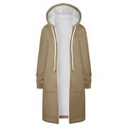SMihono Deals Plus Size Women's Solid Color Jacket Thickening And Fleece And Winter Zipper Pocket Hooded Long Sweater Long Sleeve Casual Outwear Coats for Ladies Gifts Khaki 4