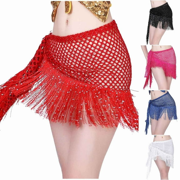 SMihono Fashion Sequin Tassel Skirt for Women Belly Dance Hip Skirts Scarf Sparkly Fringe Skirt Party Carnival Mardi Gras Outfits Blue 4-10