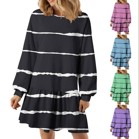 SMihono Fashion Spring Dresses for Women 2025 Long Sleeve Crewneck Shift Dress Plus Size Loose Fit Short Dress Striped Flowy Dress Black 4