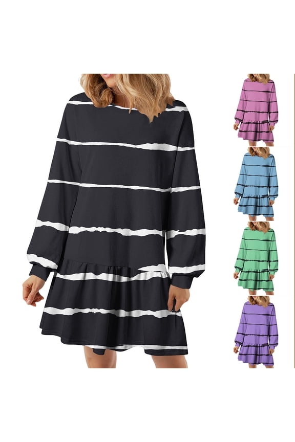 Fashion Spring Dresses for Women 2025 Long Sleeve Crewneck Shift Dress Plus Size Loose Fit Short Dress Striped Flowy Dress Black 4