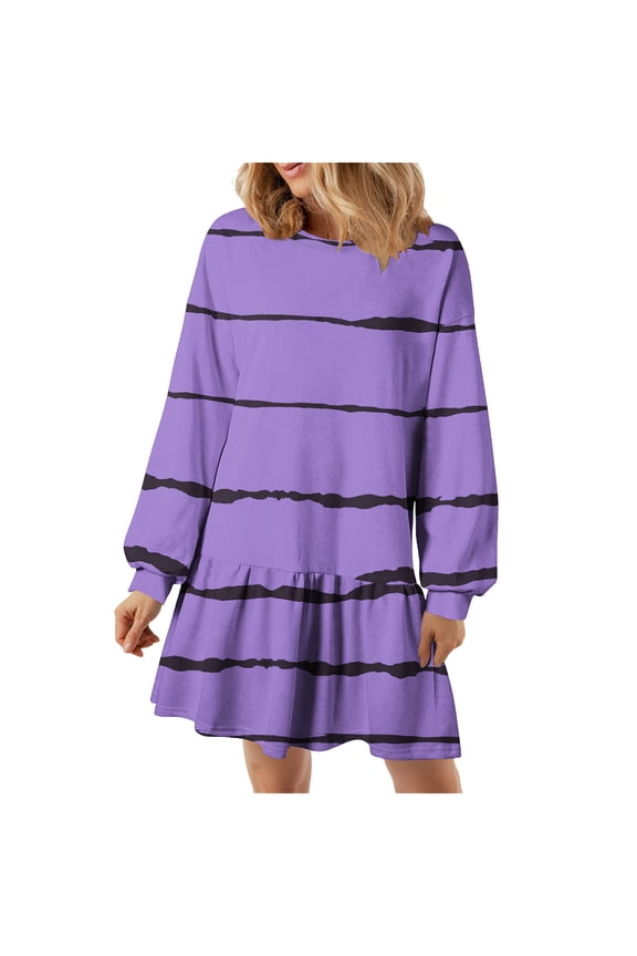 Fashion Spring Dresses for Women 2025 Long Sleeve Crewneck Shift Dress Plus Size Loose Fit Short Dress Striped Flowy Dress Purple 4