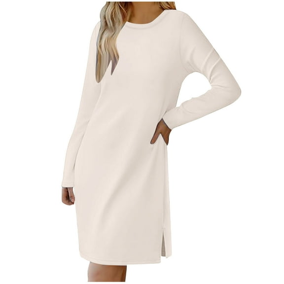 SMihono Fashion Spring Long Sleeve Shirt Dress for Women Casual Loose Fit Plain Pullover Dress Loungewear Crewneck Side Slit Mini Dress Beige 6