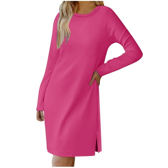 SMihono Fashion Spring Long Sleeve Shirt Dress for Women Casual Loose Fit Plain Pullover Dress Loungewear Crewneck Side Slit Mini Dress Hot Pink 6