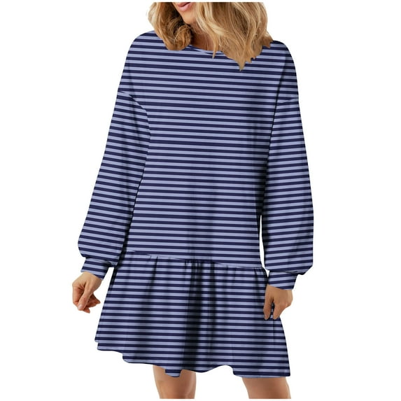 SMihono Fashion Striped Casual Mini Dress for Women Long Sleeve Black and White Shift Dress Crewneck Comfy Fall Fashion Everyday Wear Dark Blue 6