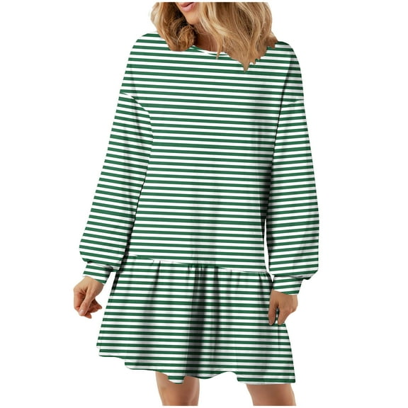 SMihono Fashion Striped Casual Mini Dress for Women Long Sleeve Black and White Shift Dress Crewneck Comfy Fall Fashion Everyday Wear Green 6