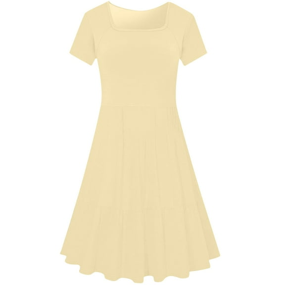 SMihono Fashion Summer Dresses for Women 2025 Square Neck Pleated Midi Dress Plain Short Sleeve Dress Beach Vacation Dresses Beige XXXXL