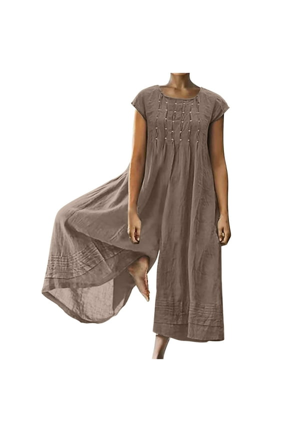 Fashion Summer Fashion Women Casual Stretch Soft Solid Cotton Linen Romper Long Playsuit Zipper Short Sleeve Jumpsuit Brown 12
