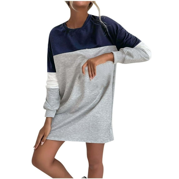 SMihono Fashion Sweatshirt Dress for Women Color Block Round Neck Loose Fit Dress Spring Fashion Casual Winter Long Sleeve Cozy Preppy Dresses Blue 8