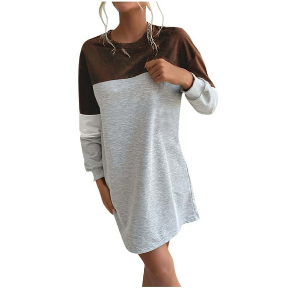 SMihono Fashion Sweatshirt Dress for Women Color Block Round Neck Loose Fit Dress Spring Fashion Casual Winter Long Sleeve Cozy Preppy Dresses Coffee 4