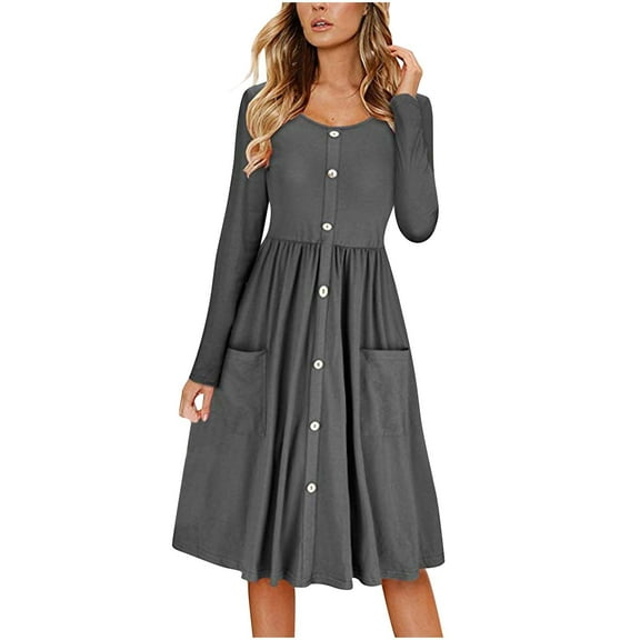 SMihono Fashion Tunic Button Down Midi Dresses Long Sleeve with Pockets Sundress Casual Trendy Dress Loose Fit Boho Dress Cute Clothing Gray 8