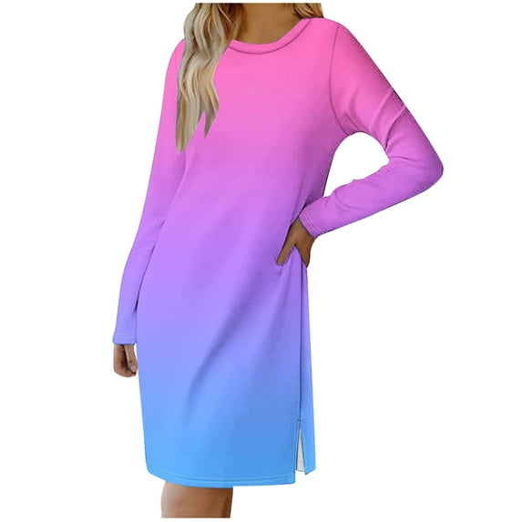 SMihono Fashion Tunic Dresses for Women Spring Fashion Gradient Color Going Out Dress Casual Long Sleeve Crewneck Side Split Tshirt Dress Pink 8