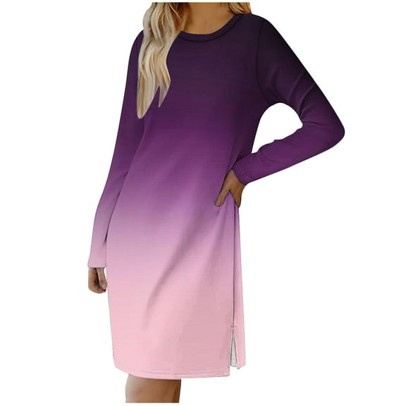 SMihono Fashion Tunic Dresses for Women Spring Fashion Gradient Color Going Out Dress Casual Long Sleeve Crewneck Side Split Tshirt Dress Purple 6