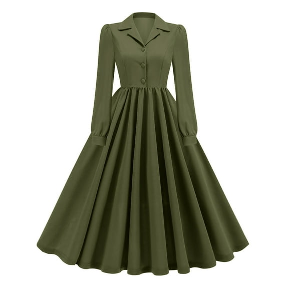 SMihono Fashion Vintage A-Line Dress for Women Notch Lapel Collar Button Down Dress Elegant Pleated Long Sleeve Solid Maxi Dress Army Green 6