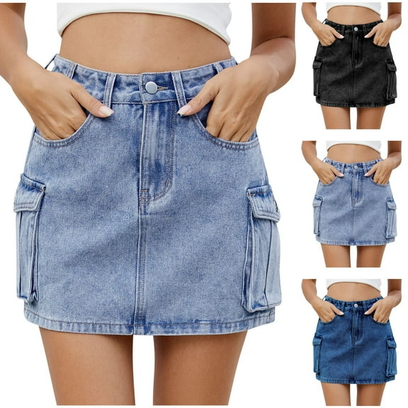 SMihono Fashion Women Denim Cargo Skirt Y2K, Mini Low Waist Jean Skirts Bodycon Flap Pockets 2025 Trendy Shorts High Stretchy Cargo Skirt Black M