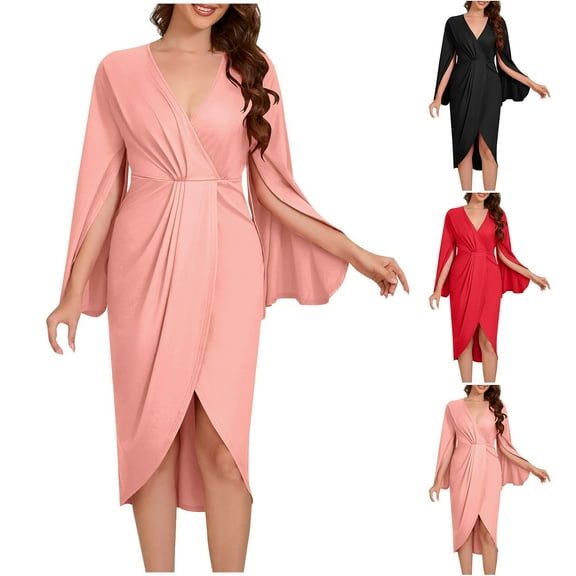 SMihono Fashion Women Long Sleeve Deep V-Neck Dress Solid Pleated High Split Cocktail Party Formal Bridesmaid A-Line Dress Waist Gown Dress Black 8