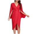 thumbnail image 1 of SMihono Fashion Women Long Sleeve Deep V-Neck Dress Solid Pleated High Split Cocktail Party Formal Bridesmaid A-Line Dress Waist Gown Dress Red 6, 1 of 6