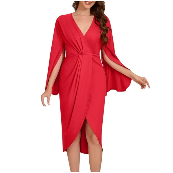 SMihono Fashion Women Long Sleeve Deep V-Neck Dress Solid Pleated High Split Cocktail Party Formal Bridesmaid A-Line Dress Waist Gown Dress Red 6