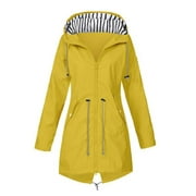 SMihono Deals Women Solid Rain Jacket Outdoor Hooded Raincoat Windproof Top 2023 Trendy Winter Warm Ladies Casual Outwear Jackets Yellow 12