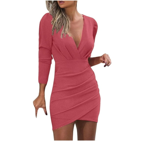 SMihono Fashion Women Trendy Plunge Ruched Long Sleeve Bodycon Dress V Neck Surplice Wrap Slim Mini Party Dress Bodycon Mini Dress Pink 4