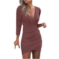 thumbnail image 1 of SMihono Fashion Women Trendy Plunge Ruched Long Sleeve Bodycon Dress V Neck Surplice Wrap Slim Mini Party Dress Bodycon Mini Dress Wine 4, 1 of 6