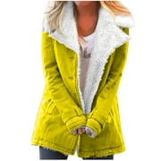 SMihono Deals Women Winter Warm Composite Plush Button Lapels Jacket Outwear Coat Ladies Long Sleeve Hoodless Casual Outwear Jackets for Young Girls Love 2023 Yellow 10